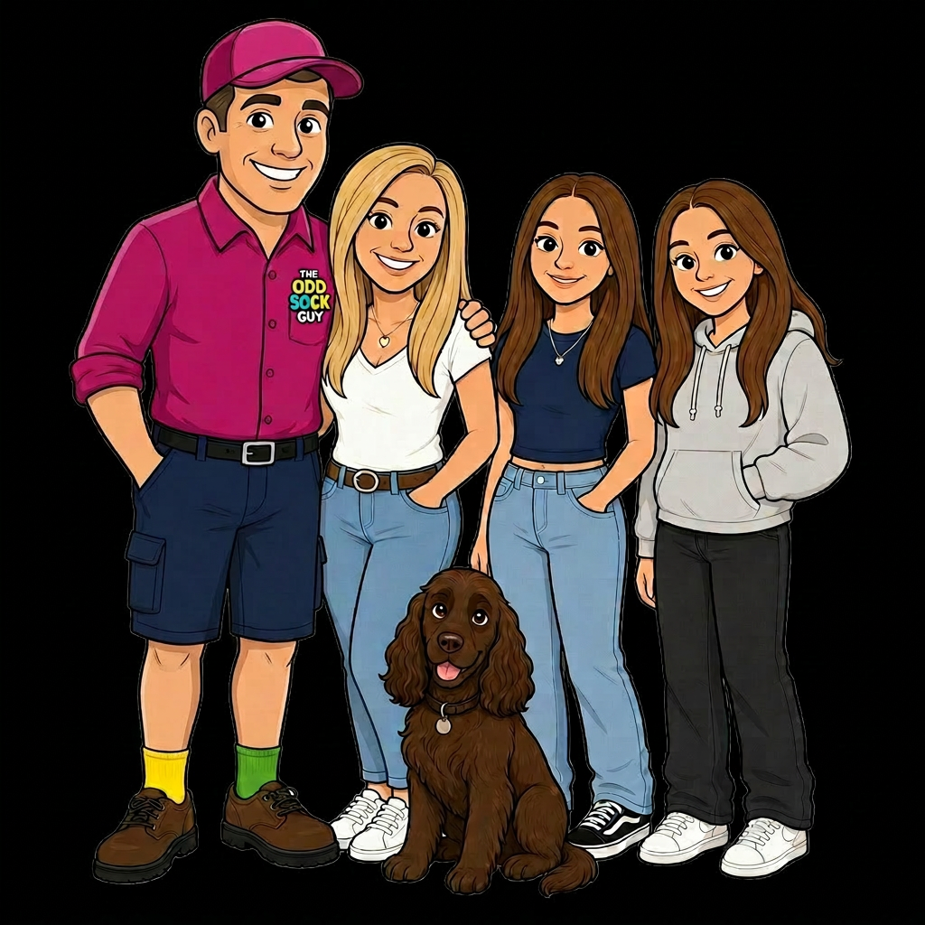 Cartoon illustration of Phil, his wife, two daughters and their chocolate cocker spaniel