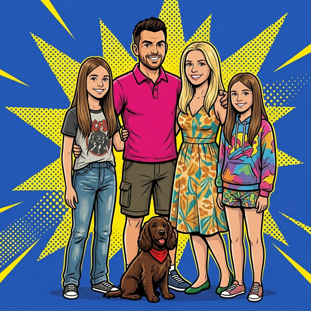 Cartoon illustration of Phil with his family and dog