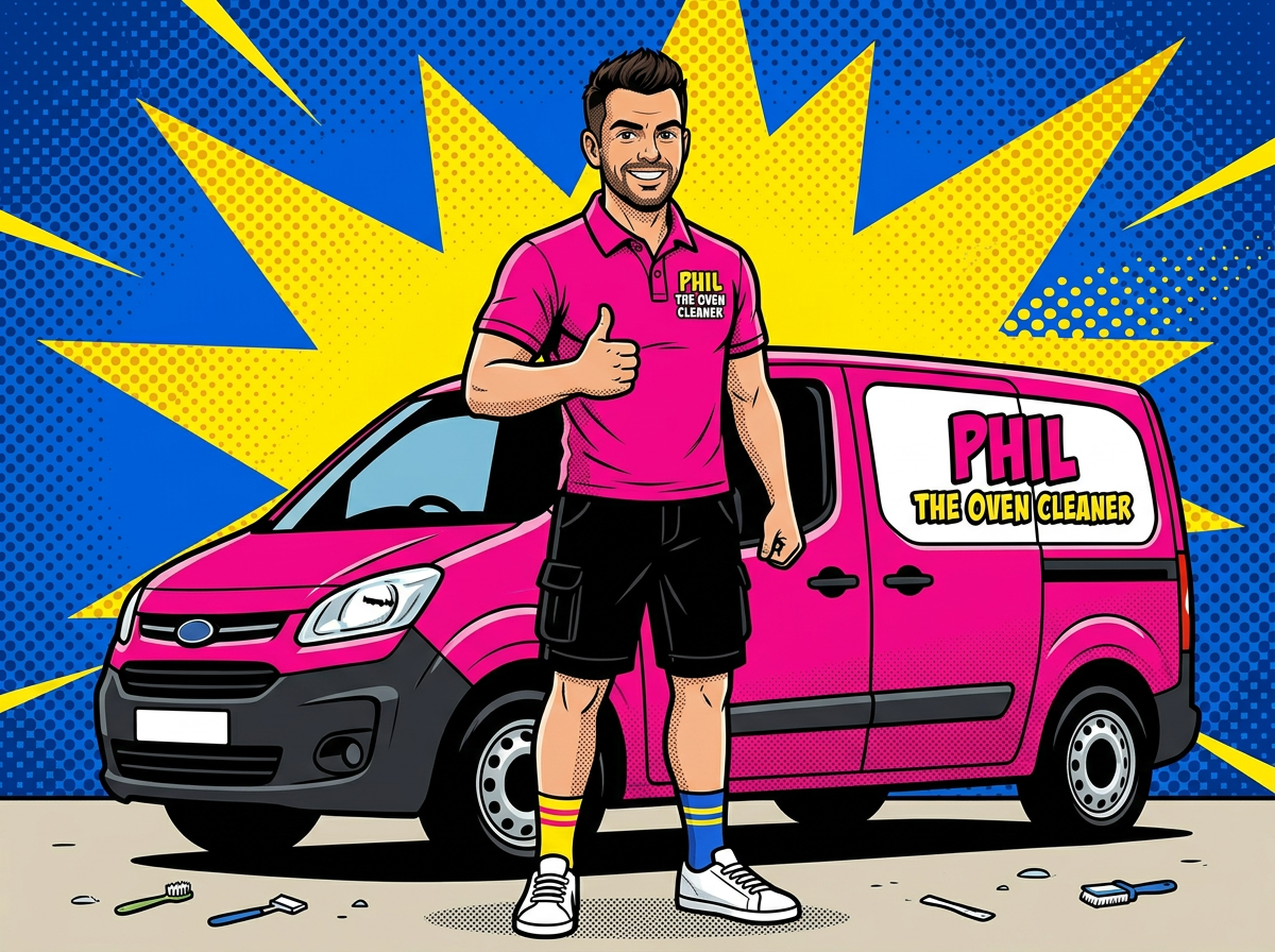 Cartoon Phil the Oven Cleaner standing by his pink and white van